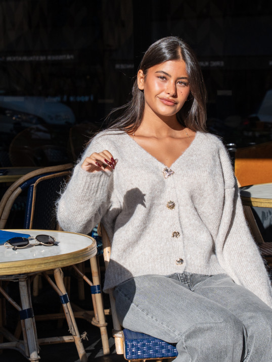 Gilet sable à boutons bijoux dorés – Yaëlli Paris