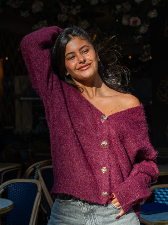 Gilet 2 en 1 burgundy à boutons bijoux dorés – Yaëlli Paris