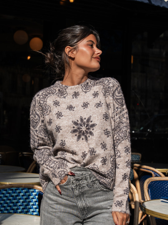 Pull taupe imprimé cachemire – Yaëlli Paris