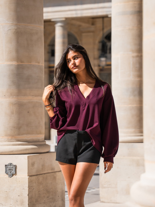 Sweat oversize premium col V femme sportwear chic – BURGUNDY | Yaëlli Paris