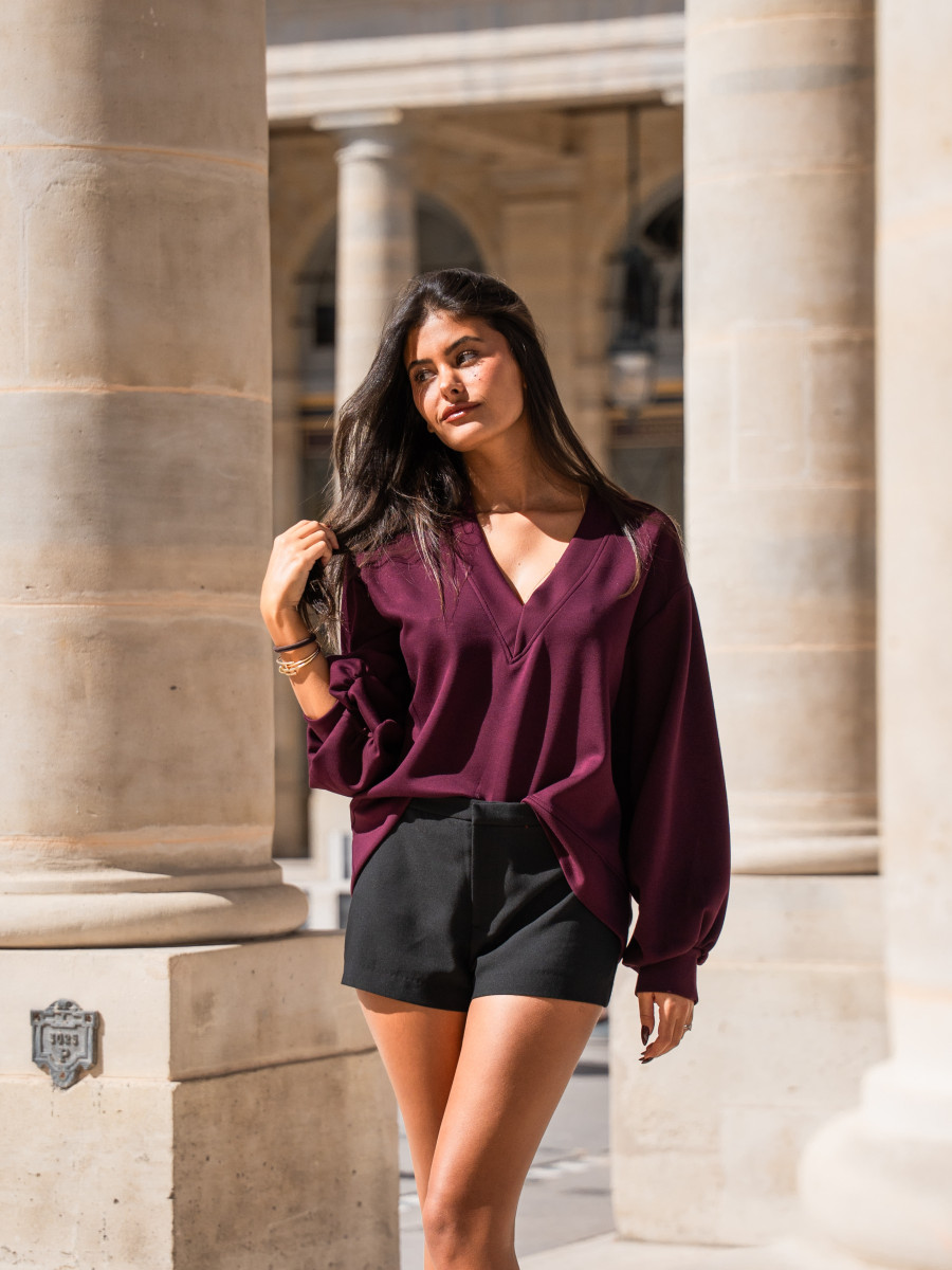 Sweat oversize premium col V femme sportwear chic – BURGUNDY | Yaëlli Paris
