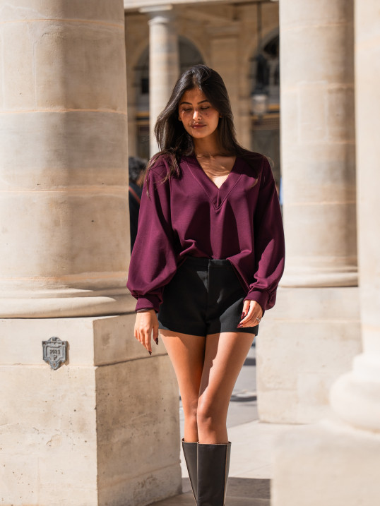 Sweat oversize premium col V femme sportwear chic – BURGUNDY | Yaëlli Paris