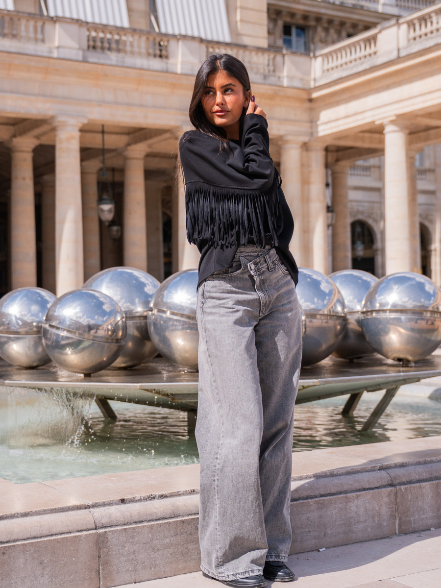 SWEAT CASUAL SOPHISTIQUÉ À FRANGES - NOIR | Yaëlli Paris