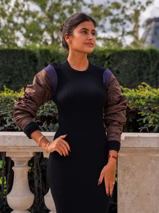 Robe longue côtelée noire avec manches bombers – Yaëlli Paris